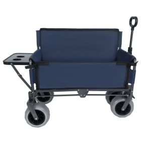 3-in-1 Folding Wagon with Bench Seat & Rear-Mounted Folding Tabletop â€“ 500lbs Capacity, 9"x4" Beach Tires for Camping, Beach, Dark Blue