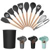 11Pcs Silicone Cooking Utensil Set Heat Resist Wooden Handle Silicone Spatula Turner Ladle Spaghetti Server Tongs Spoon Egg Whish Kitchenware Set w/ H