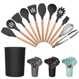 11Pcs Silicone Cooking Utensil Set Heat Resist Wooden Handle Silicone Spatula Turner Ladle Spaghetti Server Tongs Spoon Egg Whish Kitchenware Set w/ H (Color: Black)