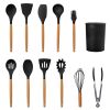 11Pcs Silicone Cooking Utensil Set Heat Resist Wooden Handle Silicone Spatula Turner Ladle Spaghetti Server Tongs Spoon Egg Whish Kitchenware Set w/ H